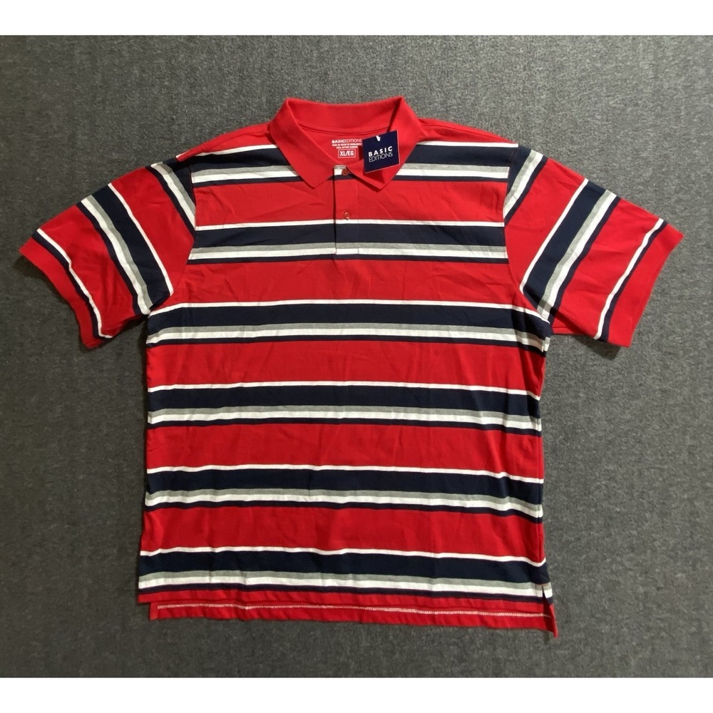 Basic Editions Mens Red Striped Short Sleeve Polo Shirt NWT XL